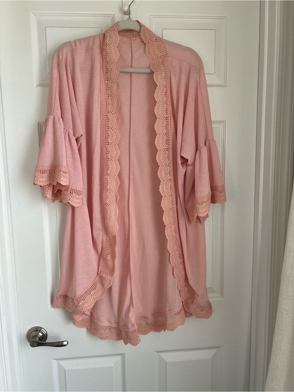Pink Crochet-Trim Kimono Robe - Lightweight Open Front